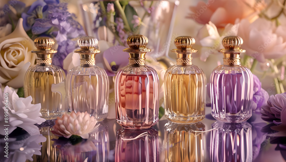 Elegant perfume bottles displayed with pastel flowers, creating a luxurious and romantic ambiance. Ideal for beauty and lifestyle visuals. Elegant perfume bottles displayed with pastel flowers, creating a luxurious and romantic ambiance. Ideal for beauty and lifestyle visuals.