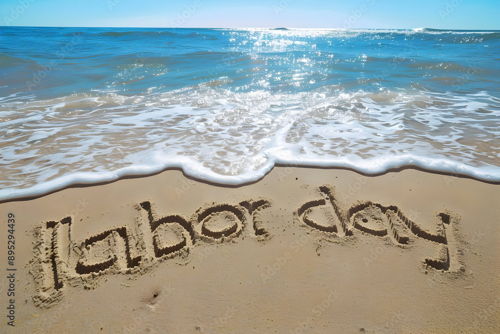 Labor Day text drawn in sand on a beach shore with waves and sunny sky in the background, perfect for holiday and summer themes. Labor Day text drawn in sand on a beach shore with waves and sunny sky in the background, perfect for holiday and summer themes.