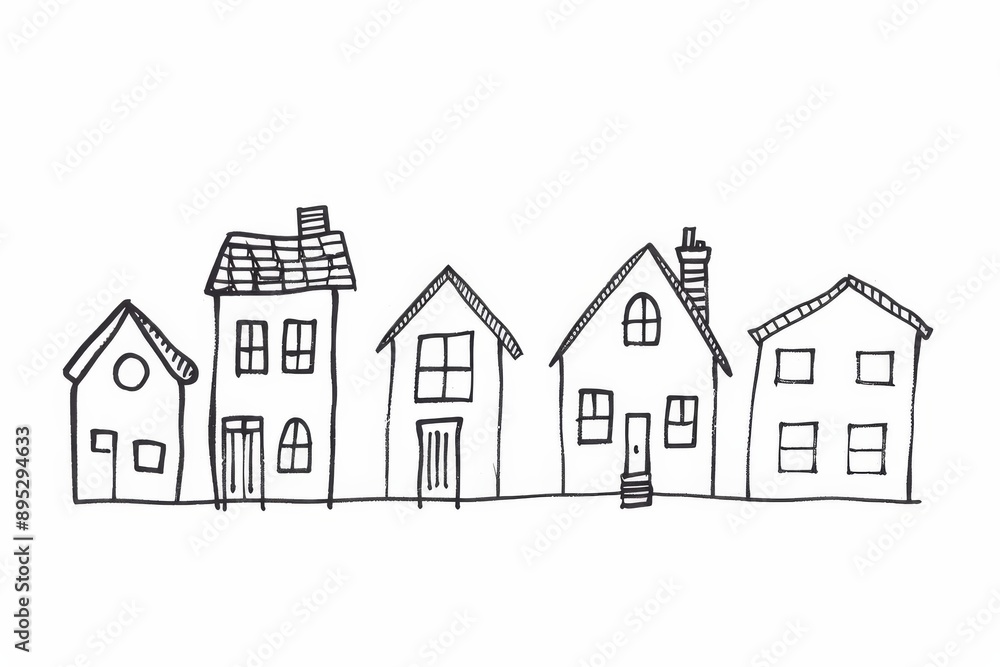 Serene landscape with minimalist outlines of simple houses in soft lighting Serene landscape with minimalist outlines of simple houses in soft lighting