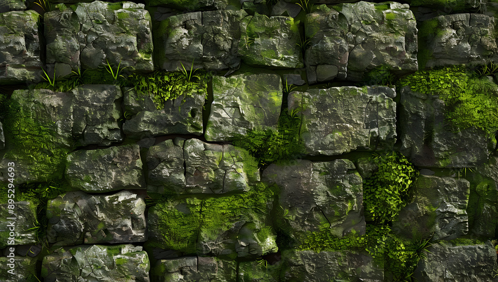 Old stone wall with green moss and plants growing in between the cracks, showing natural textures of aged stones and organic growth. Old stone wall with green moss and plants growing in between the cracks, showing natural textures of aged stones and organic growth.