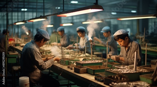 Group of asian workers assembles small parts at a factory work station. Industry worker work at table under fluorescent lights, factory operators, mechanical engineering team production