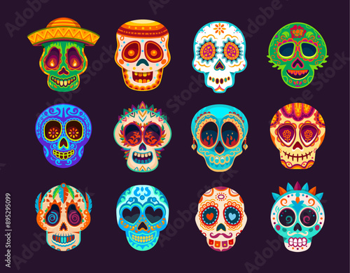 Day Of Dead Mexican calavera sugar skulls. Dia de Los Muertos holiday skulls collection, Mexican holiday, carnival or Halloween celebration party isolated vector ornate masks set
