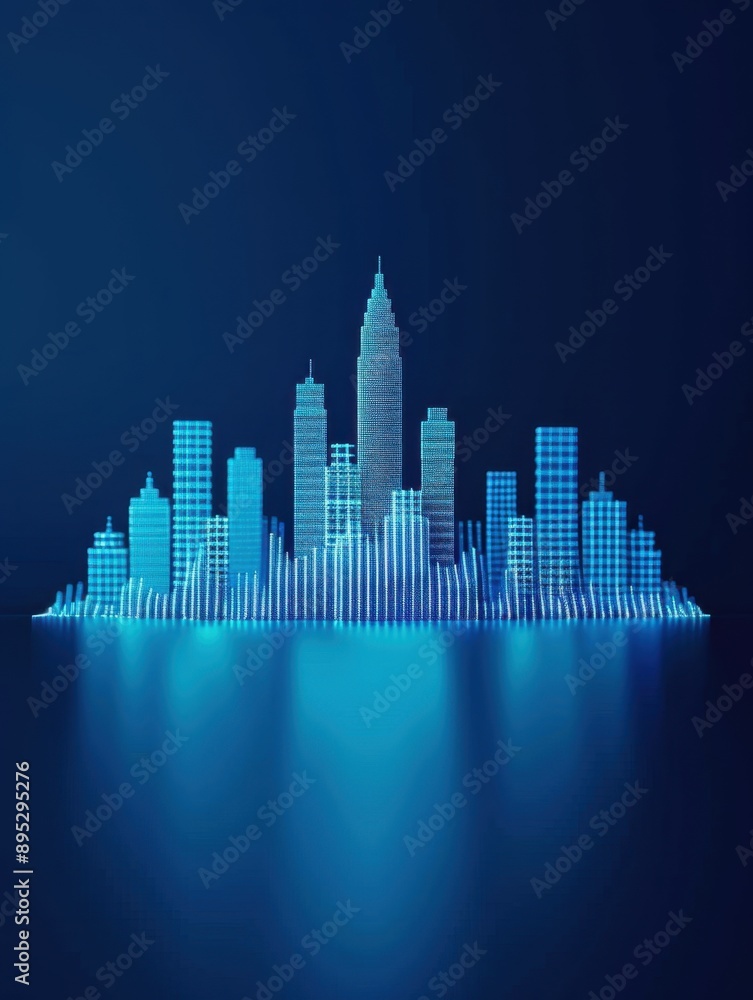 Obraz premium Urban Soundwave, an abstract representation of a sound wave transforming into a city skyline, illustrating the impact of online audio series, modern design with ample space for text.
