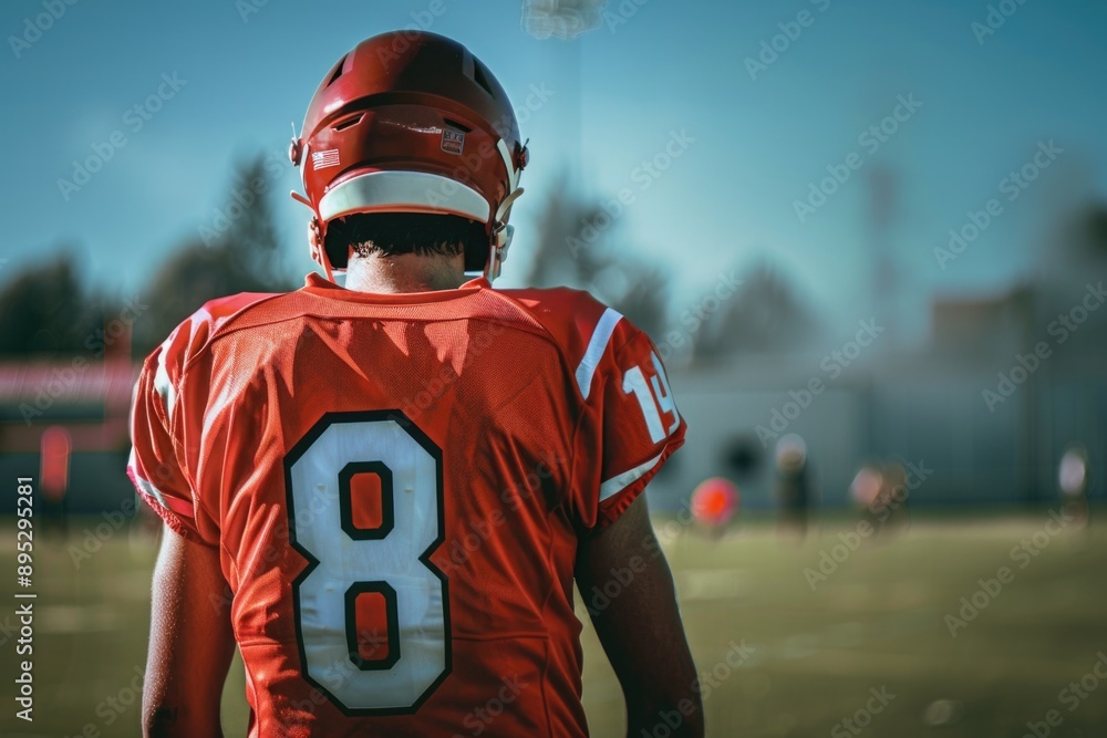A football player wearing an orange jersey and a helmet, ready to play A football player wearing an orange jersey and a helmet, ready to play