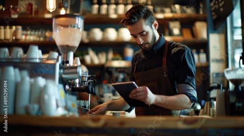 A person standing in front of a counter, holding a tablet for potential use in office or business settings