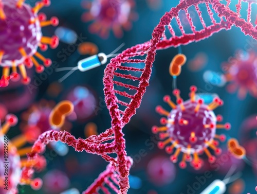 Vibrant Abstract DNA and Bacterial Cells, Artful depiction of intertwined DNA strands and bacterial cells, representing molecular biology, with dynamic colors and ample copy space.