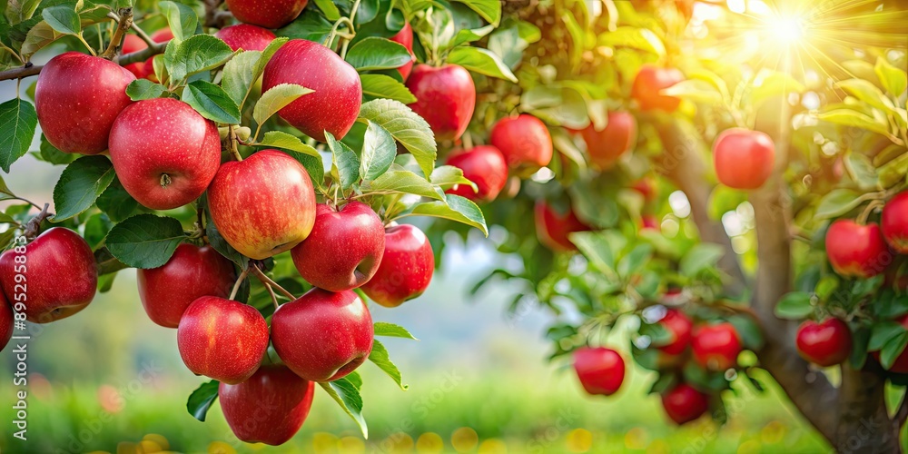 Lush red apple tree with ripe fruit hanging on branches, orchard, harvest, autumn, fresh, agriculture, organic, leaves Lush red apple tree with ripe fruit hanging on branches, orchard, harvest, autumn, fresh, agriculture, organic, leaves