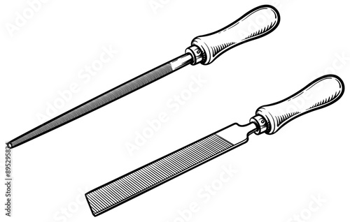 Black and white drawing of a metal file. Rasp tool vector illustration.