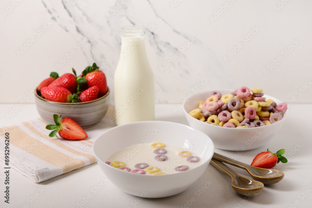 Bowls of colorful sweet cereal rings with milk and strawberries on white background Bowls of colorful sweet cereal rings with milk and strawberries on white background