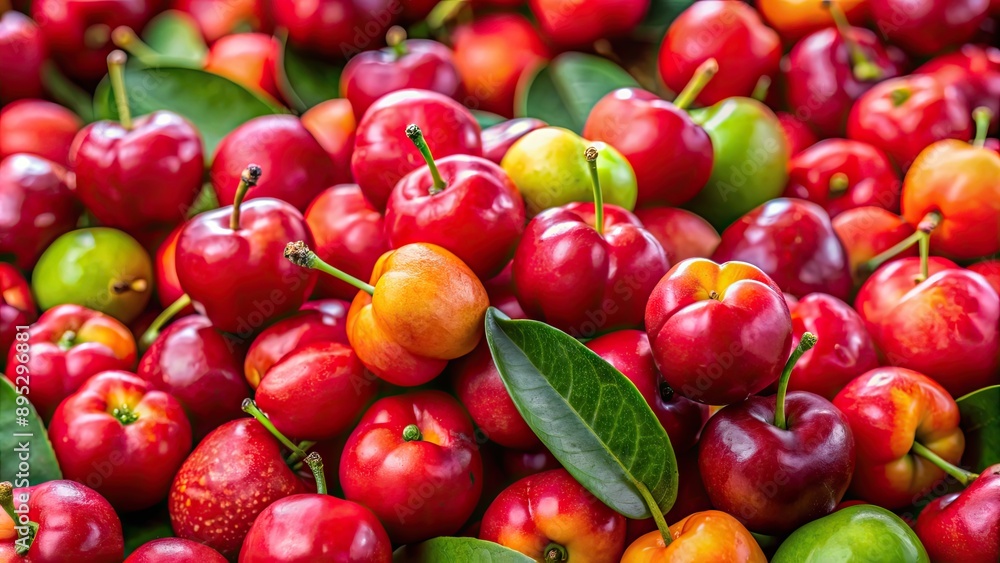 Close up of vibrant, fresh Acerola cherry fruits, high in vitamin C, in the Amazonas region of Brazil , Acerola Close up of vibrant, fresh Acerola cherry fruits, high in vitamin C, in the Amazonas region of Brazil , Acerola