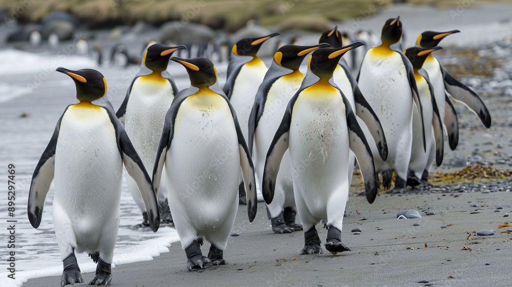 Obraz premium A group of king penguins walking on the beach of Salisbury Plains. South Georgia, Antarctica.
