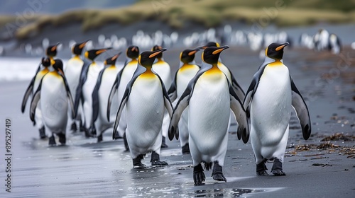 A group of king penguins walking on the beach of Salisbury Plains. South Georgia, Antarctica.