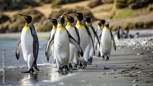 A group of king penguins walking on the beach of Salisbury Plains. South Georgia, Antarctica.