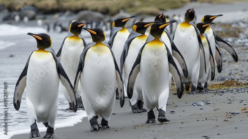 A group of king penguins walking on the beach of Salisbury Plains. South Georgia, Antarctica.