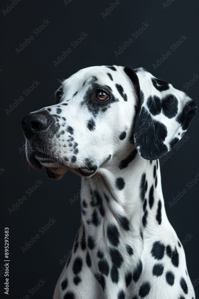 Dalmatian Portrait: A captivating close-up portrait of a Dalmatian dog against a dark background, showcasing its striking black spots and expressive eyes. The image exudes elegance and charm, capturin Dalmatian Portrait: A captivating close-up portrait of a Dalmatian dog against a dark background, showcasing its striking black spots and expressive eyes. The image exudes elegance and charm, capturin
