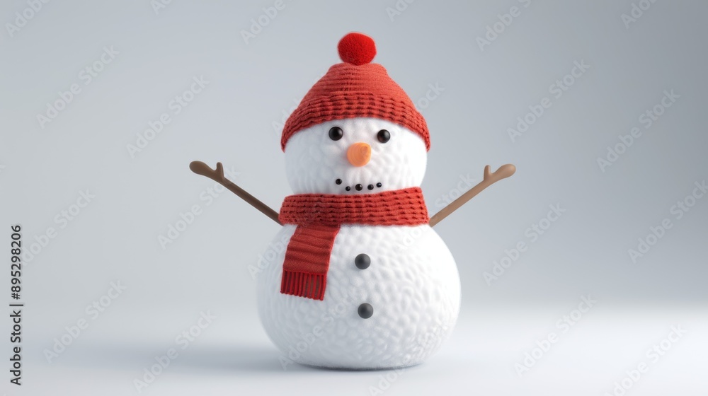 A snowman with a red hat and scarf is standing on a white background A snowman with a red hat and scarf is standing on a white background