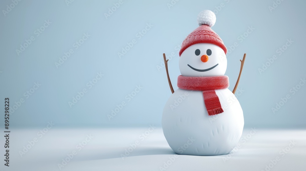 A snowman with a red scarf and a red hat is smiling A snowman with a red scarf and a red hat is smiling