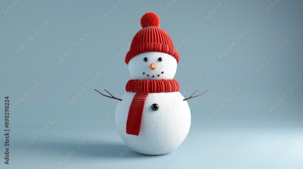 A snowman with a red hat and scarf stands on a blue background A snowman with a red hat and scarf stands on a blue background
