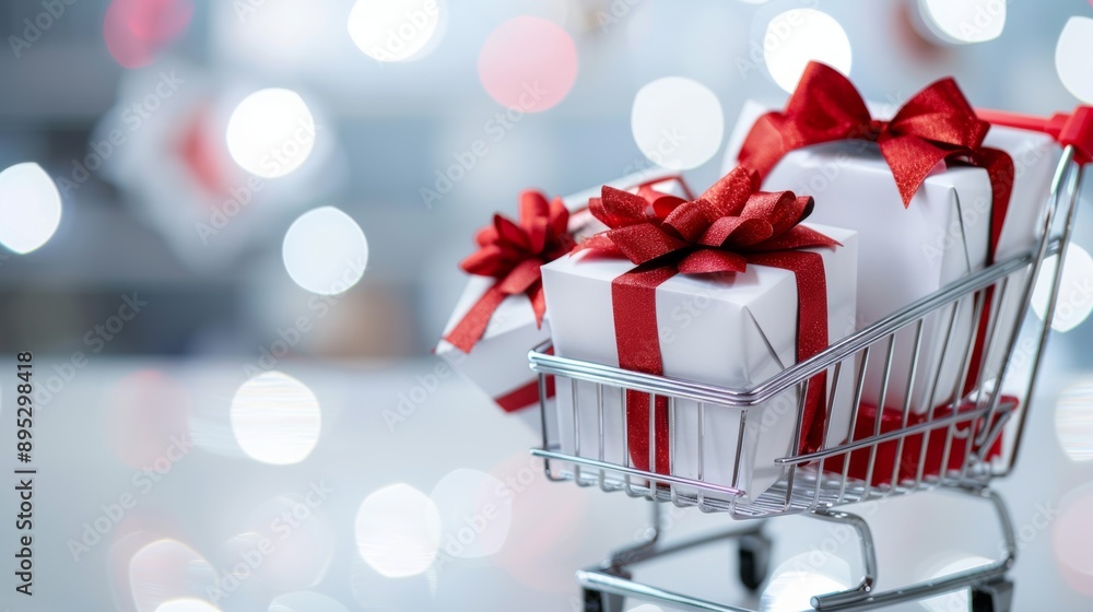 A silver shopping cart is filled with red and white gifts A silver shopping cart is filled with red and white gifts