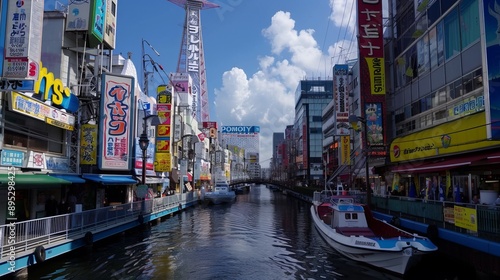 Osaka Tower and view of the neon advertisements in Shinsekai district at dusk, Osaka, Japan photo