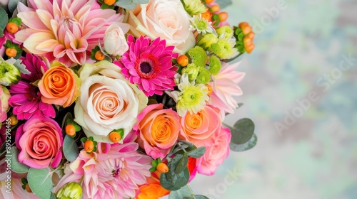 Wallpaper Mural Vibrant Wedding Bouquet, close-up view showcasing a diverse array of flowers in rich colors, detailed composition with ample space for text, beautifully focused throughout. Torontodigital.ca