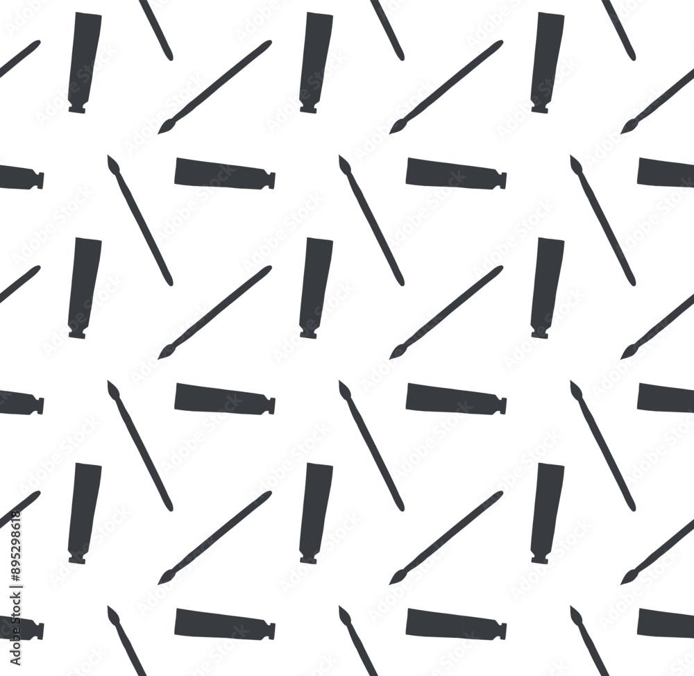 Vector seamless pattern of hand drawn paint brush and tube silhouette isolated on white background Vector seamless pattern of hand drawn paint brush and tube silhouette isolated on white background