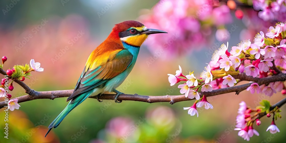 Colorful bird perched on a bare tree branch surrounded by flowers, solitary, bird, tree branch, flowers, colorful, nature Colorful bird perched on a bare tree branch surrounded by flowers, solitary, bird, tree branch, flowers, colorful, nature