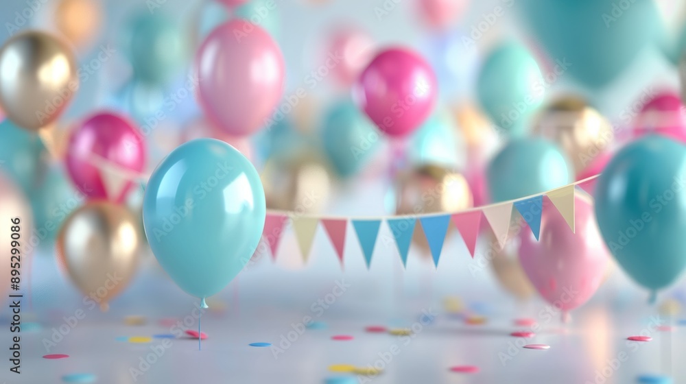 A bunch of colorful balloons and streamers are scattered across a white background A bunch of colorful balloons and streamers are scattered across a white background