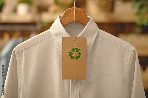 Eco-Friendly Clothing Label with Green Recycling Symbol on Hanger: Sustainable Fashion Concept photo