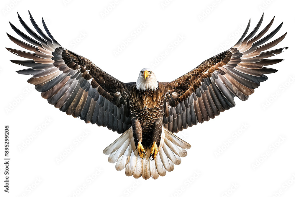 Obraz premium Bald Eagle in Flight: A majestic bald eagle soaring with wings spread wide against a white background.
