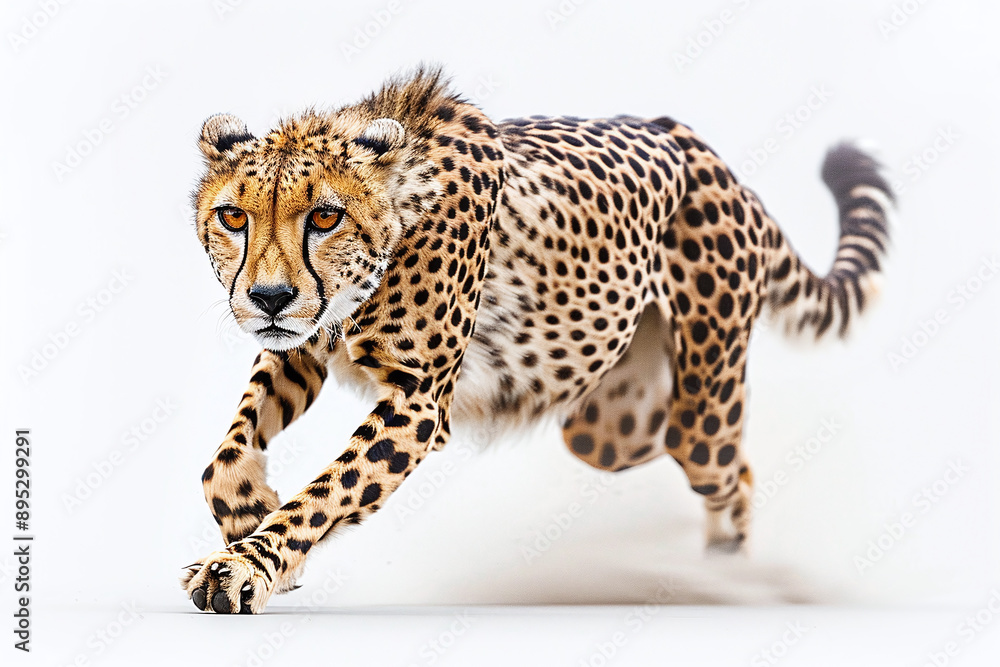 Cheetah in Mid-Sprint: A cheetah running at full speed against a white background. Cheetah in Mid-Sprint: A cheetah running at full speed against a white background.