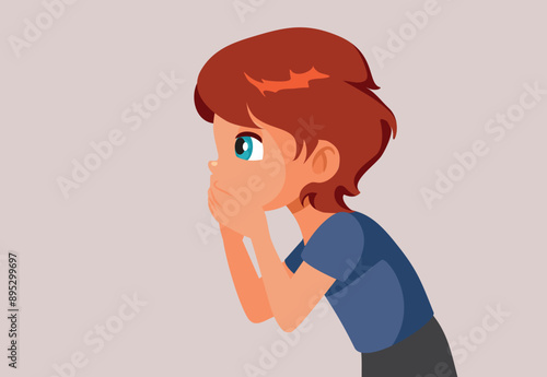 Little Boy Feeling Nauseated Covering His Mouth Vector Illustration. Side view of a child feeling nauseated and sick 
