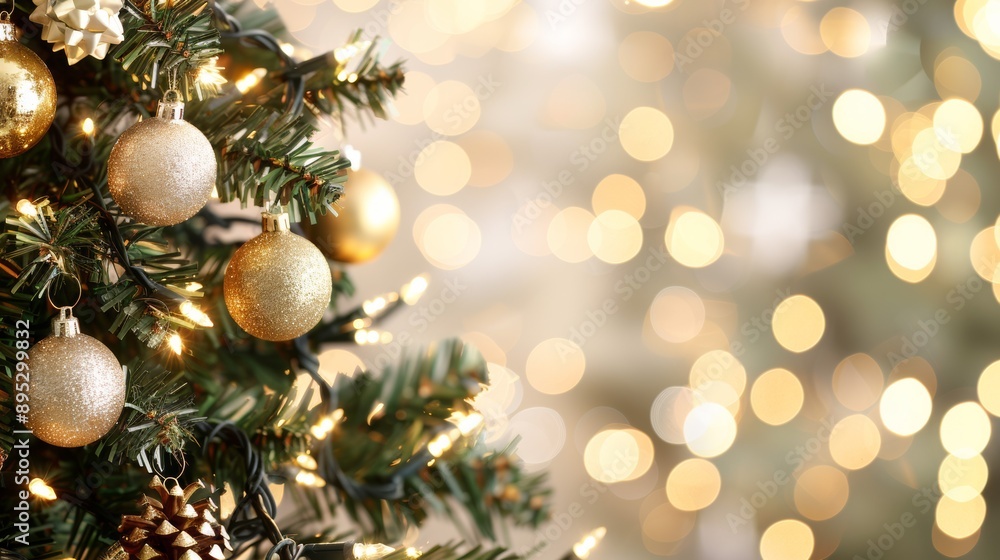 A Christmas tree with gold ornaments and lights A Christmas tree with gold ornaments and lights