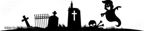 Halloween black frame border or divider with ghosts for holiday horror night, vector silhouette. Halloween border frame with tombstone on cemetery and spooky boo ghost with skeleton skull on graveyard