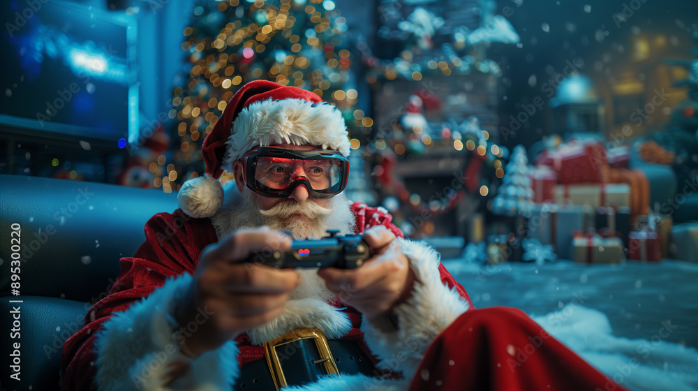 santa claus gamer with joystick and goggles playing online games technology gaming at christmas
