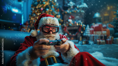 Obraz na płótnie santa claus gamer with joystick and goggles playing online games technology gaming at christmas w salonie