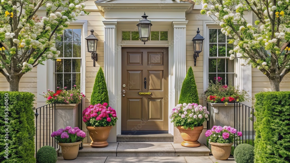 Obraz premium Elegant main door of luxury house decorated for spring , entrance, modern, elegant, luxury, house, spring, decor