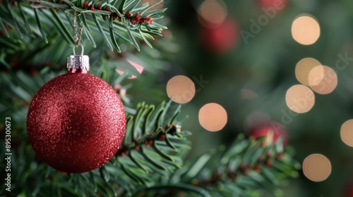 A red ornament hangs from a Christmas tree