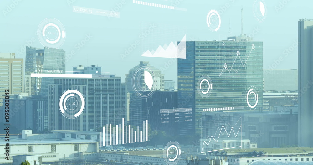 Image of financial data processing over cityscape Image of financial data processing over cityscape