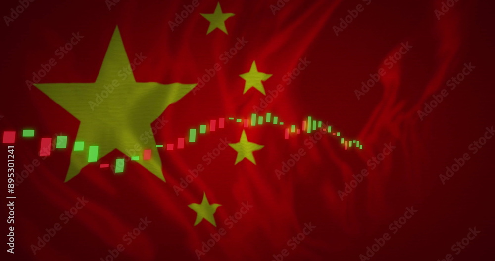 Image of financial data processing over flag of china Image of financial data processing over flag of china