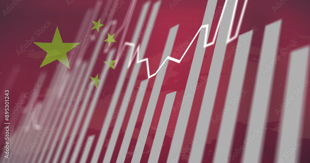 Fototapeta premium Image of financial data processing over flag of china