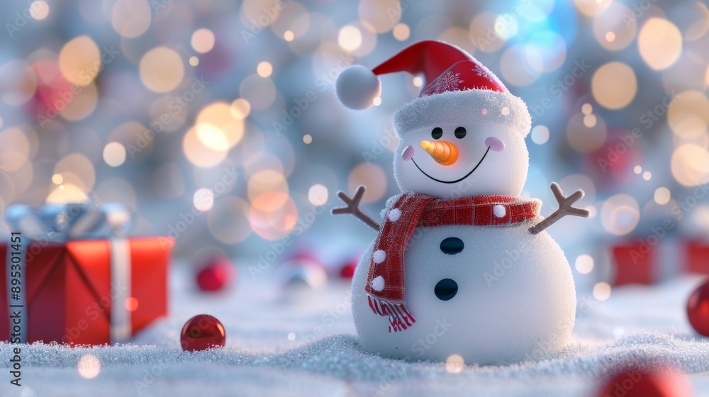 A snowman with a red scarf and a santa hat is standing on a snowy ground A snowman with a red scarf and a santa hat is standing on a snowy ground