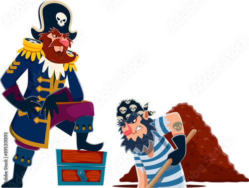 Cartoon pirate captain and corsair sailor burying a treasure. Vector chief filibuster confidently standing on a treasure chest, alongside a weary seaman digging a hole to hide loot in the wooden trunk