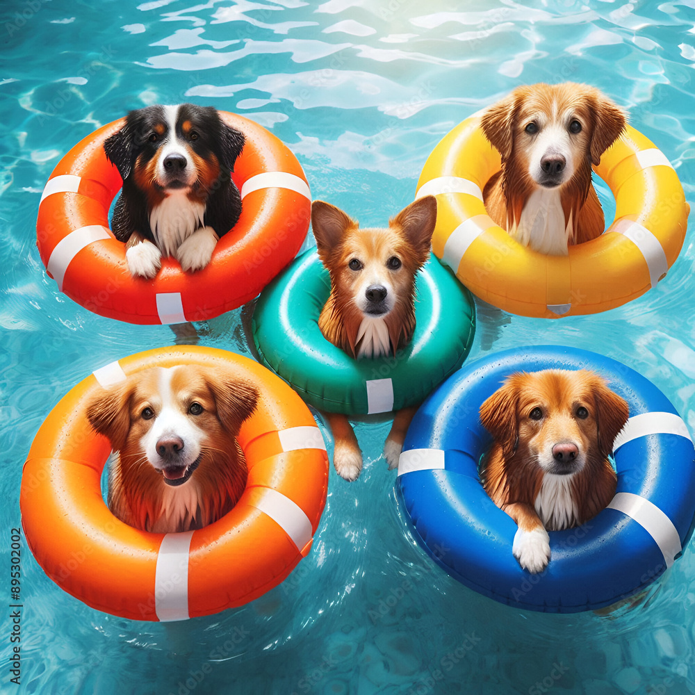 Foto de Happy Dogs Pups, Tongues Wagging Floating in Bright Multi-Color ...