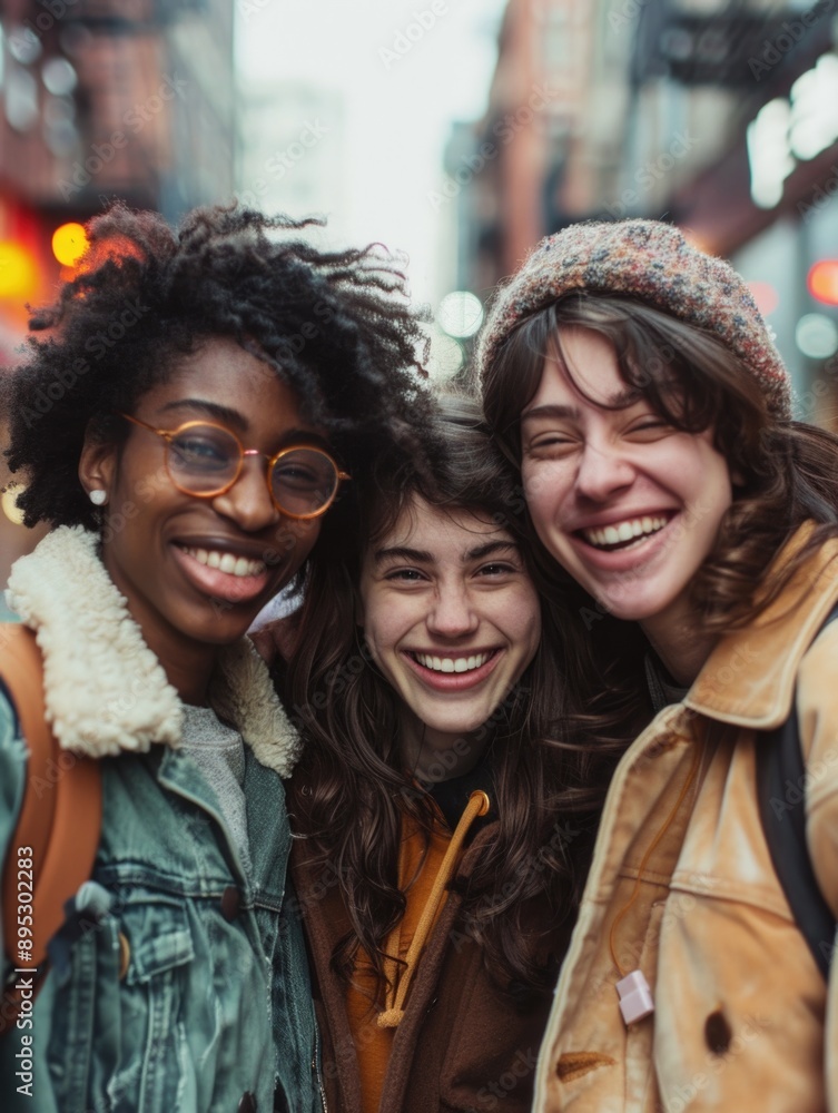 Three women standing side by side, smiling and laughing Three women standing side by side, smiling and laughing