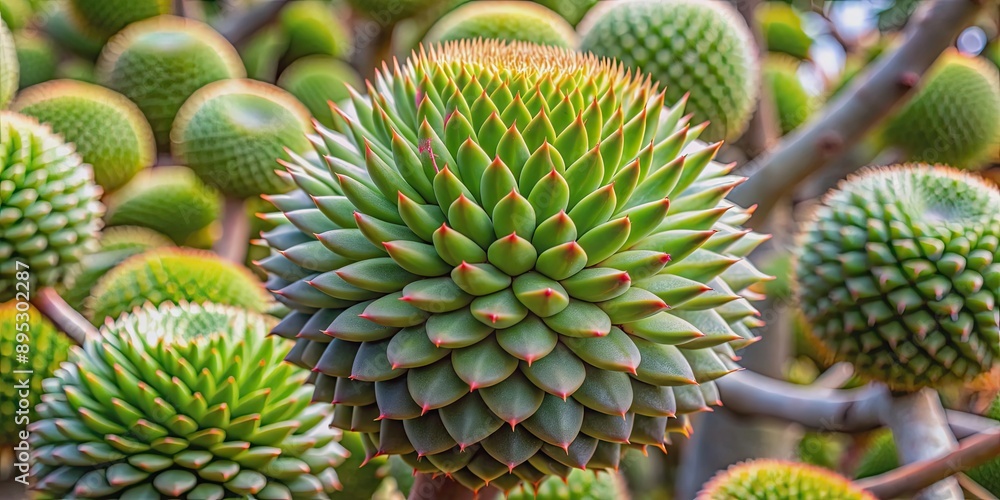 Medium-sized succulent shrub with thorny lobes on leaves, smooth edges, and spherical fruit, calabash tree Medium-sized succulent shrub with thorny lobes on leaves, smooth edges, and spherical fruit, calabash tree