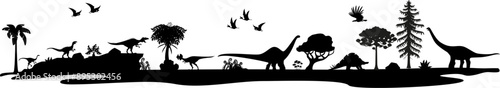 Prehistoric dinosaurs silhouettes in jungle forest, vector Jurassic era lizards. Prehistoric dinosaur brontosaurus, T-rex tyrannosaurus with stegosaurus and velociraptor or argentavis silhouette