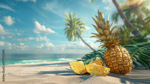 Pineapple fruits on tropical beach. Sunny day, sea breeze, palm trees. Perfect holiday banner. Przesłano 9 dni temu photo