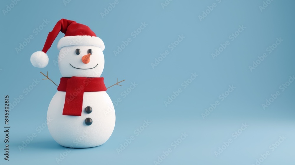A snowman with a red scarf and a red hat is standing on a blue background A snowman with a red scarf and a red hat is standing on a blue background