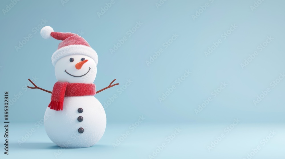 A snowman with a red scarf and a hat is standing on a blue background A snowman with a red scarf and a hat is standing on a blue background